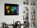 Neon Pixel Map glass print enhancing a creative office with cinematic drama