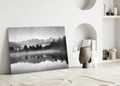 Misty Lake glass wall art styled above a credenza in a master bedroom