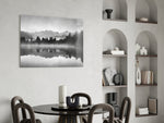 Misty Lake glass print enhancing a living room with editorial drama