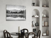 Misty Lake glass print enhancing a living room with editorial drama