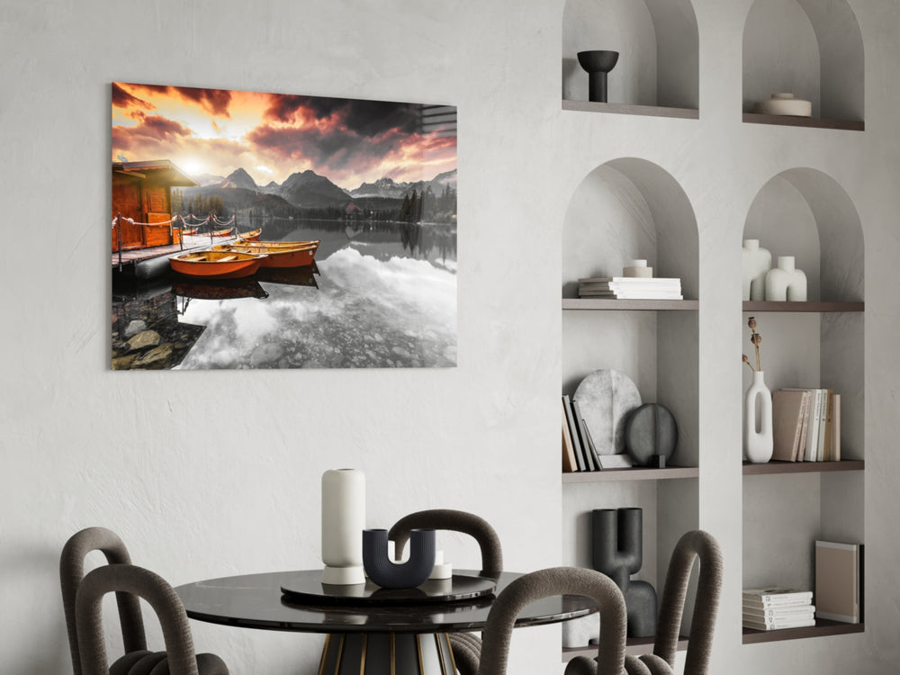 Sunrise Lake glass print enhancing a dining room with editorial drama