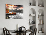 Sunrise Lake glass print enhancing a dining room with editorial drama
