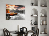 Sunrise Lake glass print enhancing a dining room with editorial drama