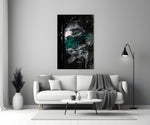 Emerald Poseidon glass wall art styled above a credenza in a study