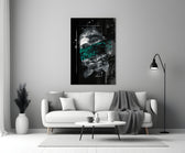 Emerald Poseidon glass wall art styled above a credenza in a study
