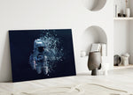 Pixel Astronaut glass wall art styled above a desk in a gaming room