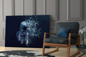 Pixel Astronaut artwork anchoring a wall with cyber futurist palette