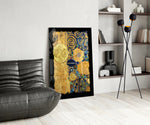 Golden Klimt glass print enhancing a hallway with cinematic drama