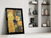 Golden Klimt artwork anchoring a wall with luxe ornamental palette