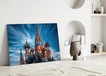 Moscow Cathedral glass wall art styled above a credenza in a living room