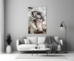 Grunge Tiger glass wall art styled above a side-table in a man cave