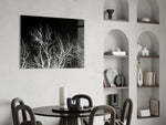 Night Trees glass print enhancing a living room with editorial drama