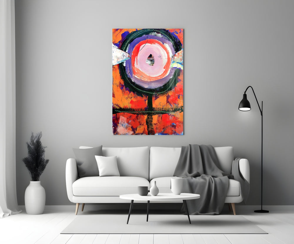 Bullseye Eye glass wall art styled above a console in a creative office