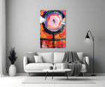 Bullseye Eye glass wall art styled above a console in a creative office