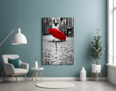 Red Umbrella panel adding editorial mood to a master bedroom