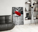 Red Umbrella glass print enhancing a dining room with cinematic drama