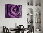 Purple Rose glass print enhancing a dining room with editorial drama