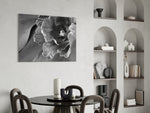 Monochrome Tulip glass print enhancing a hallway with editorial drama
