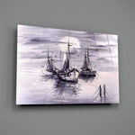 Moonlit Fleet close-up showing silhouetted masts above lavender water