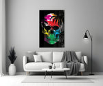 Rainbow Skull glass wall art styled above a bar console in a man cave