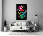 Rainbow Skull glass wall art styled above a bar console in a man cave
