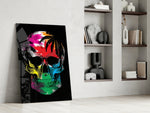 Rainbow Skull artwork anchoring a wall with bold gothic-pop palette