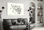 Bird Thoughts panel adding calm mood to a hallway