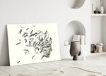 Bird Thoughts glass wall art styled above a credenza in a master bedroom