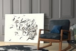 Bird Thoughts artwork anchoring a wall with serene surreal palette