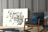 Bird Thoughts artwork anchoring a wall with serene surreal palette