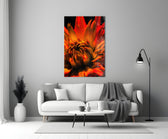 Fire Dahlia glass wall art styled above a credenza in a master bedroom