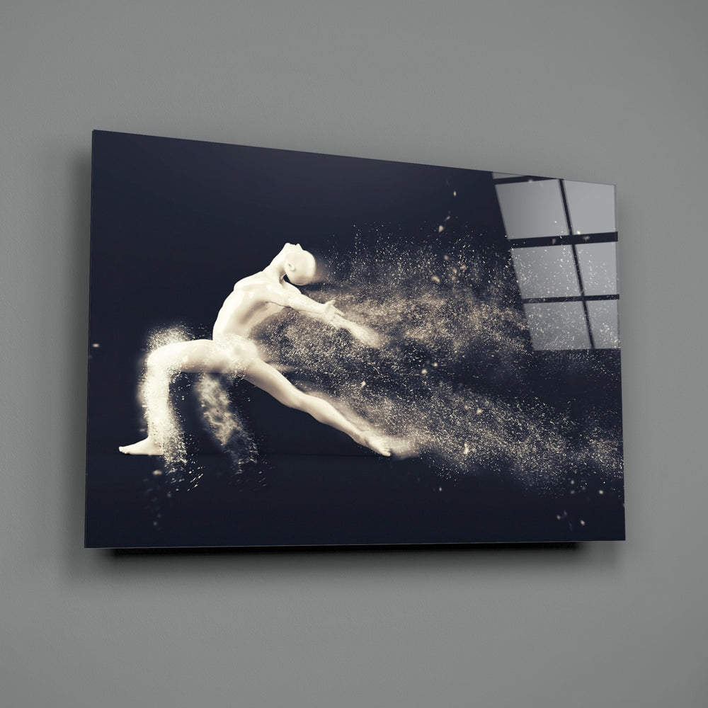 Particle Dance close-up showing dancer dissolving into white dust trail