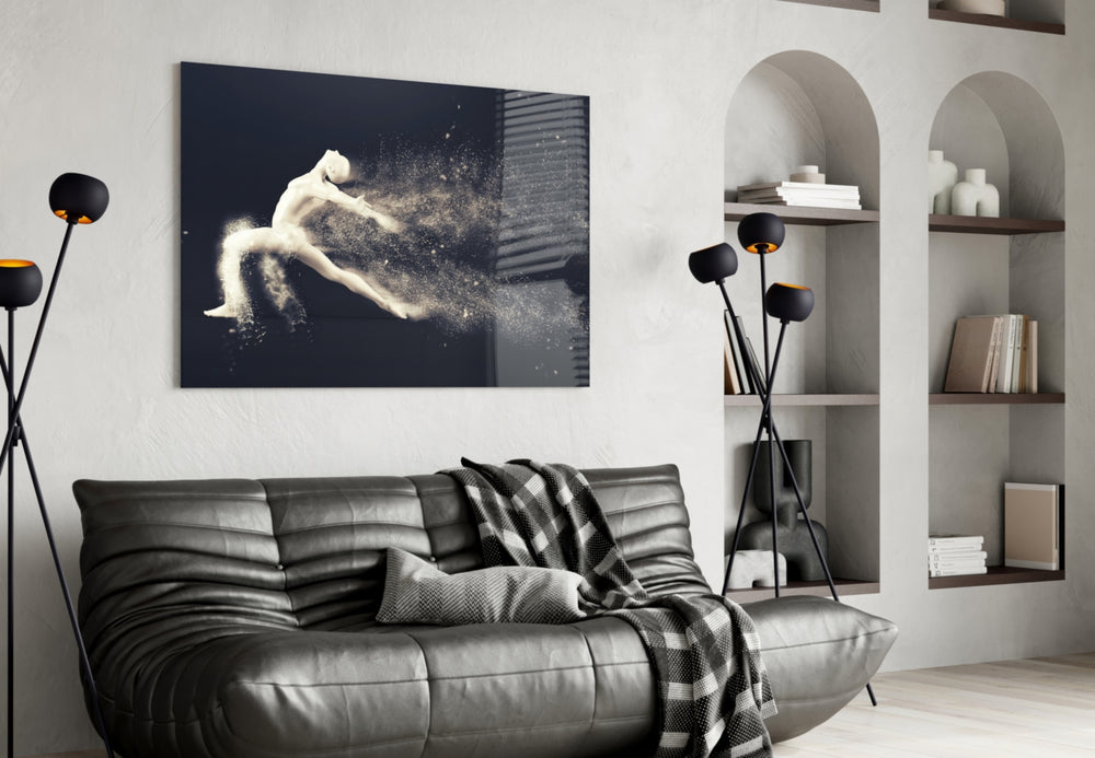 Particle Dance panel adding editorial mood to a master bedroom