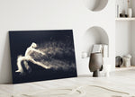 Particle Dance glass wall art styled above a bench in a gym