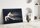 Particle Dance glass wall art styled above a bench in a gym
