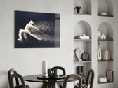 Particle Dance glass print enhancing a living room with cinematic drama
