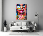Bubblegum Pop glass wall art styled above a console in a teen room