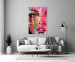Newspaper Pop glass wall art styled above a credenza in a creative office