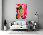 Newspaper Pop glass wall art styled above a credenza in a creative office