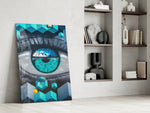 Cubist Eye artwork anchoring a wall with surreal geometric palette