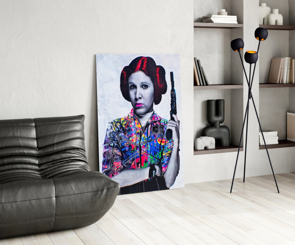 Leia Pop glass print enhancing a gaming room with cinematic drama