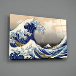 Great Wave close-up showing cobalt foam crests above tiny Mount Fuji