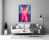 Neon Portal glass wall art styled above a console in a hallway