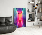 Neon Portal glass print enhancing a creative office with cinematic drama