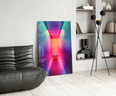 Neon Portal glass print enhancing a creative office with cinematic drama