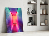 Neon Portal artwork anchoring a wall with cyber futurist palette