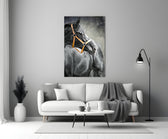 Black Stallion glass wall art styled above a console in a hallway