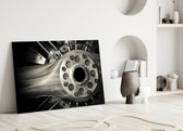 Vintage Engine glass wall art styled above a sofa in a man cave