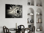 Vintage Engine glass print enhancing a man's office with cinematic drama