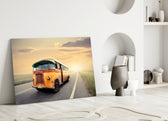 Caravan Sunset glass wall art styled above a credenza in a hallway
